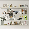 Decorative Ornament Combination on Multi Tiered Shelves with Animal Figurines Models Books Photo Frames Plants