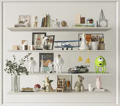 Decorative Ornament Combination on Multi Tiered Shelves with Animal Figurines Models Books Photo Frames Plants 3d model