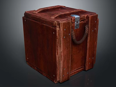 Vintage Brown Wooden Box With Metal Lock Rope Handle And Rivets 3d model