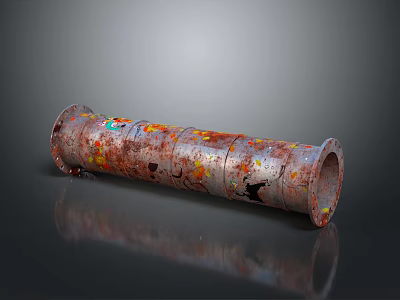 Rusted Metal Pipe With Colorful Splatter Marks On Gray Surface And Reflection 3d model