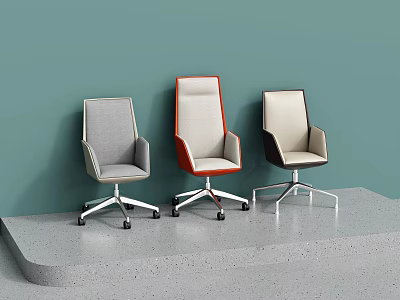 Three Modern Office Chairs With Different Colors And Swivel Wheels Design 3d model