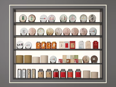Assorted Tea Sets Display On Wooden Shelf With Ceramic Cups And Tea Jars 3d model