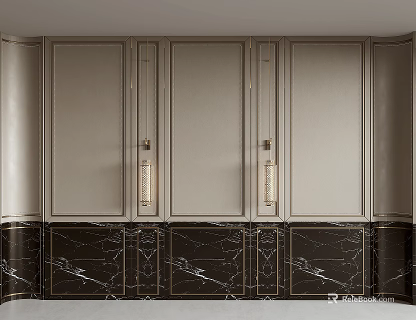 Elegant Kitchen Wall Design With Marble Panels And Gold Metal Handle Cabinets 3d model 
