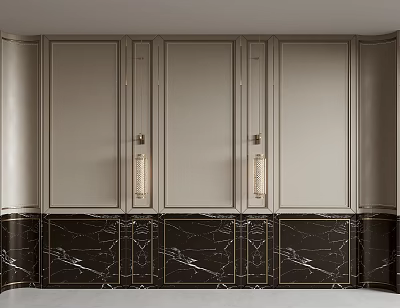 Elegant Kitchen Wall Design With Marble Panels And Gold Metal Handle Cabinets 3d model