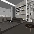Modern Apartment Living Room With Open Layout Bookshelves Sofa And Rug