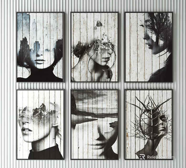 Abstract Portrait Paintings With Natural Elements On Wooden Texture Six Panel Artwork 3d model