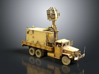 Tan Military Vehicle Multi Wheeled Truck With Elevated Mechanical Structure Cargo Container And Cabin 3d model