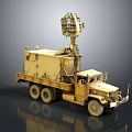 Tan Military Vehicle Multi Wheeled Truck With Elevated Mechanical Structure Cargo Container And Cabin