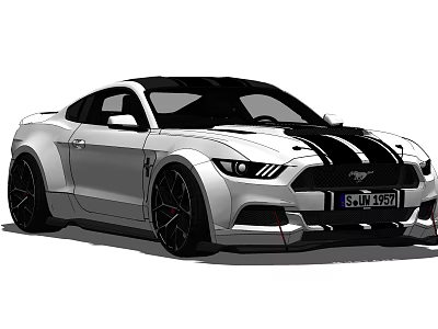 White Mustang Sports Car With Black Stripes And Sporty Black Wheels 3d model