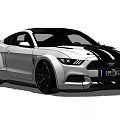 White Mustang Sports Car With Black Stripes And Sporty Black Wheels