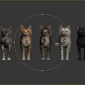 Various Colored And Striped Domestic Cats Standing Together On Dark Reflective Surface