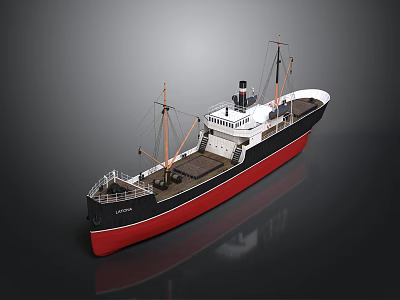 Vintage Cargo Ship Model With Masts Smokestack And Red Black Hull 3d model