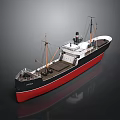 Vintage Cargo Ship Model With Masts Smokestack And Red Black Hull