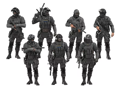 Multiple Game and Movie Characters in Black Tactical Gear with Helmets and Weapons 3d model