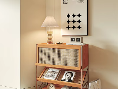 Modern Wooden Decorative Cabinet With Woven Rattan Door Table Lamp Photo Frames And Magazines 3d model