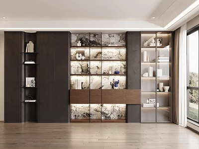 Modern Built in Bookcase with Open Shelves Dark Wood Panels and Decor Items Lighting 3d model