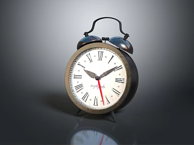 Vintage Alarm Clock With Double Bells Roman Numeral Dial And Metal Base 3d model