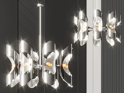 Contemporary Stylish Chandelier With Petal Design Glass Elements Illuminated In Dark Striped Interior 3d model
