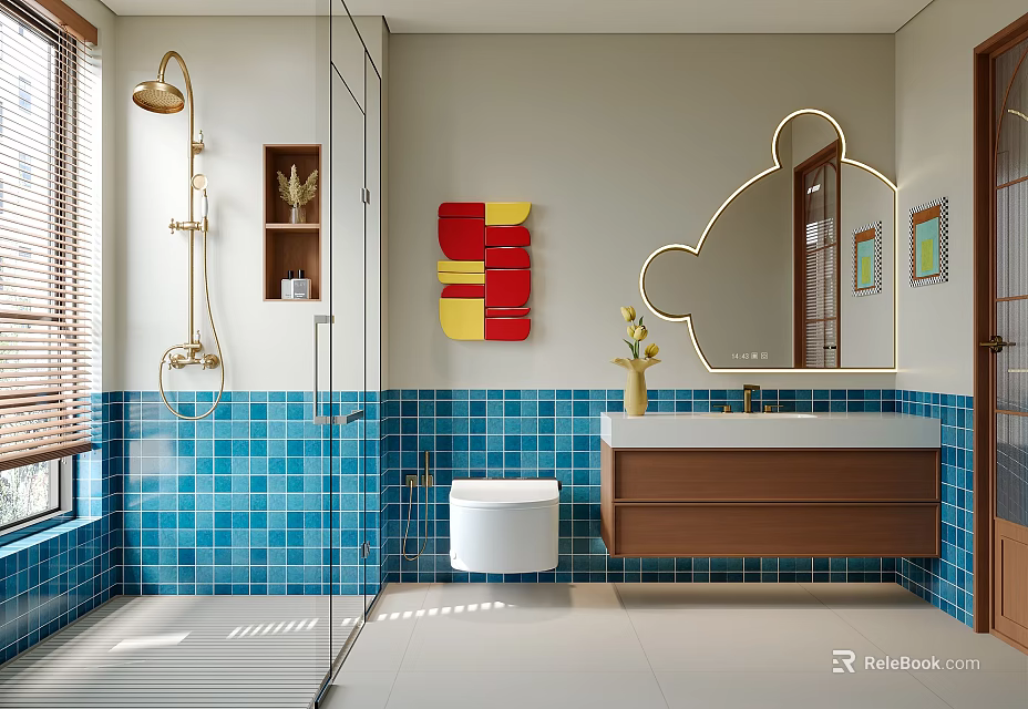 Modern Bathroom Interior With Blue Tiled Walls Glass Shower Round Mirror And Wooden Vanity 3d model 