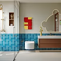 Modern Bathroom Interior With Blue Tiled Walls Glass Shower Round Mirror And Wooden Vanity