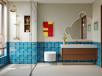 Modern Bathroom Interior With Blue Tiled Walls Glass Shower Round Mirror And Wooden Vanity 3d model