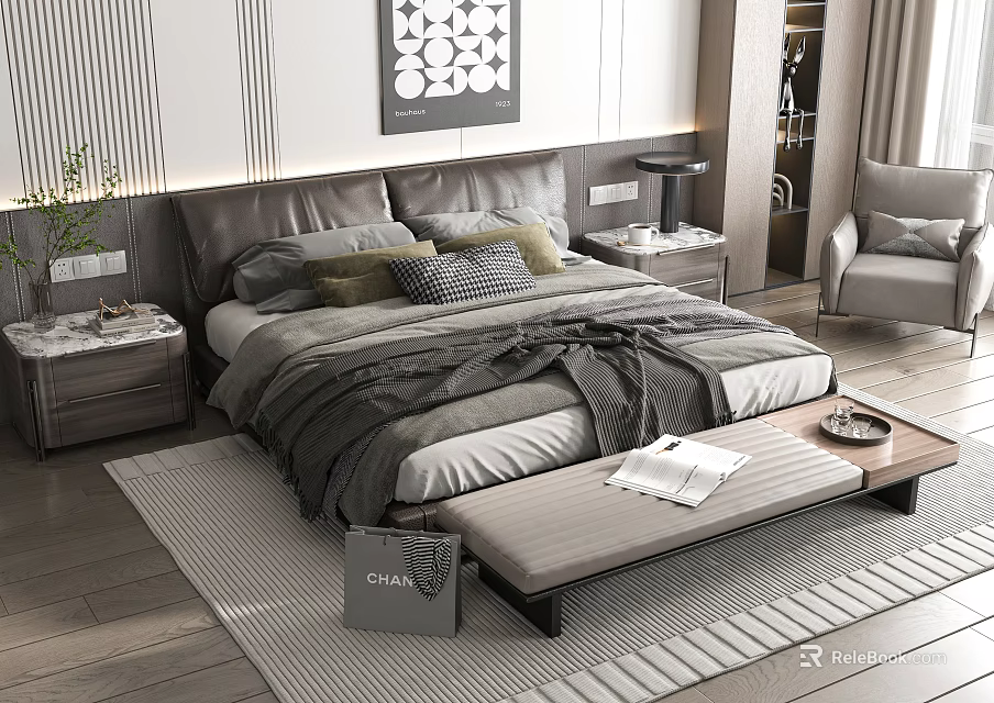 Modern Double Bed Bedroom Interior With Pillows Blankets Nightstands Accent Chair And Area Rug 3d model 