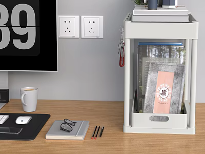 Organized Office Desk Setup With Desk Organizer Glass Cups Pink Label Clock Display And Supplies 3d model