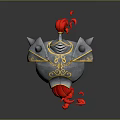 Medieval Decorative Weapon With Metallic Body Golden Accents And Red Ornaments