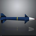 Blue Military Missile With White Conical Head Yellow Band And Blue Fins On Gray Background With Reflection