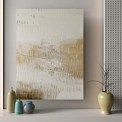 Abstract Textured Beige And Gold Painting With Decorative Vases And Potted Plant 3d model