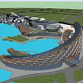 Modern Hotel Building Architecture With Water Body And Surrounding Landscape Facilities