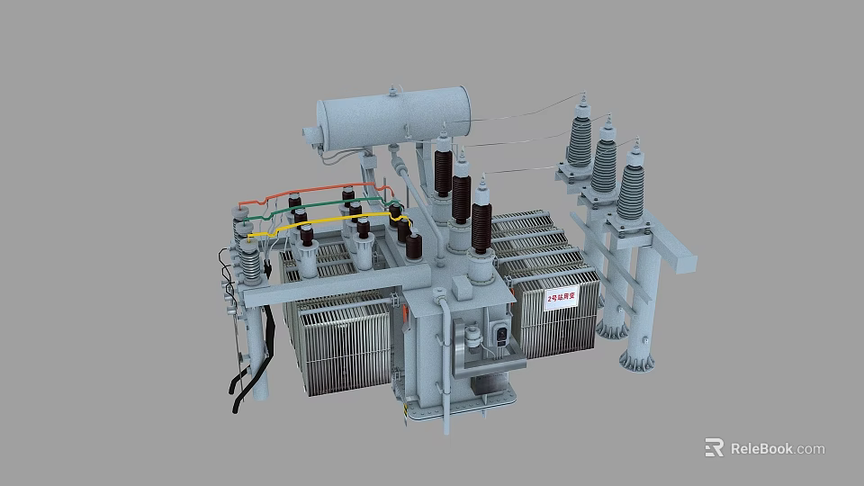 Industrial Power Transformer With Cooling Radiators Insulator Columns And Copper Windings 3d model 