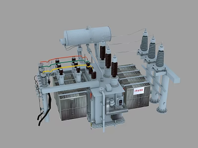 Industrial Power Transformer With Cooling Radiators Insulator Columns And Copper Windings 3d model
