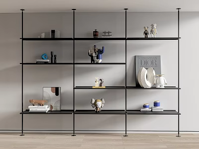 Multi Tiered Black Metal Shelf Unit Displaying Decorative Items Books And Sculptures 3d model