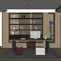 Modern Study Room Interior Design With Wooden Bookshelves Desk Computer And Decorative Items
