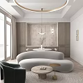 Modern Open Living and Dining Room Interior With Curved Sofa Round Table And Pendant Light