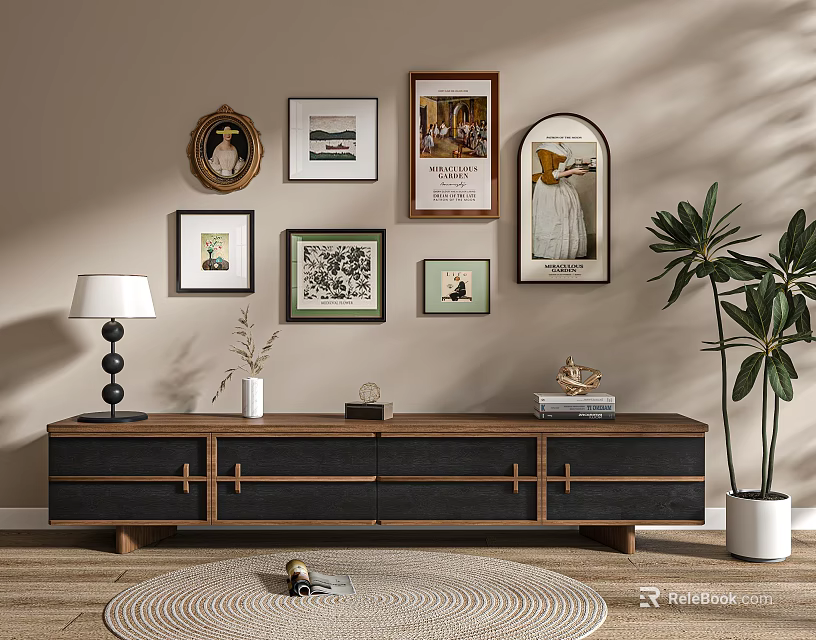 Wooden TV Stand With Multiple Decorative Frames Table Lamp Large Potted Plant And Round Rug 3d model 