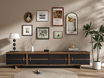 Wooden TV Stand With Multiple Decorative Frames Table Lamp Large Potted Plant And Round Rug 3d model