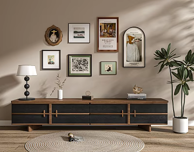 Wooden TV Stand With Multiple Decorative Frames Table Lamp Large Potted Plant And Round Rug 3d model