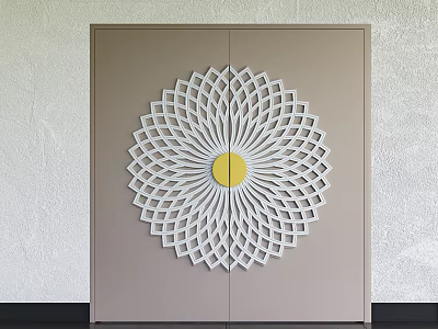 Double Doors with Intricate White Openwork Design and Yellow Center Light Brown Against Gray Wall 3d model