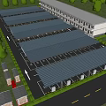 Solar Panel Covered Parking Lot with Modern Building and Green Trees Around