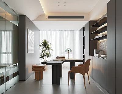 Modern Study Room Interior With Black Desk Wooden Chair Potted Plant And Bookshelf 3d model