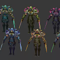 Detailed Mythical Game Characters In Armored Suits With Weapons And Throne