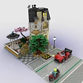 Building Blocks Town Scene Featuring Clock Tower Tree Red Car Motorcycle And Street Lamp 3d model