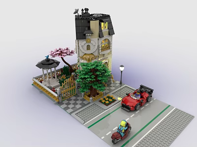 Building Blocks Town Scene Featuring Clock Tower Tree Red Car Motorcycle And Street Lamp 3d model