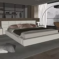 Modern Bedroom Interior With Large Bed Beige Headboard Brown Pillows Floor Lamp And Orange Armchair