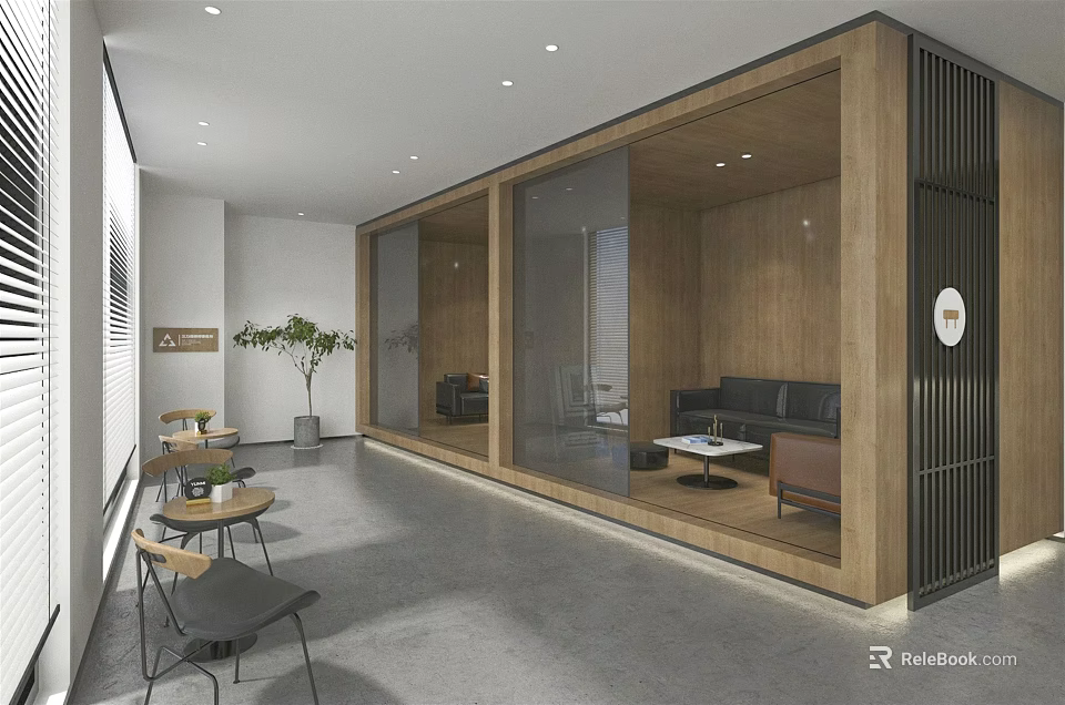 Modern Lounge Area With Wooden Partition Sofa Coffee Table Gray Floor And Plants 3d model 