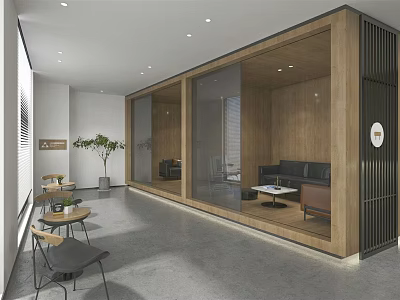Modern Lounge Area With Wooden Partition Sofa Coffee Table Gray Floor And Plants 3d model