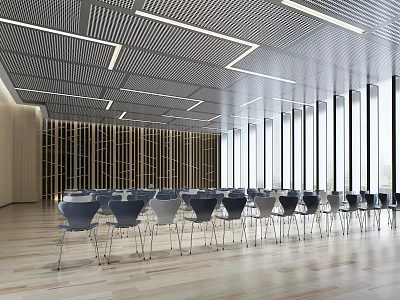 Book Art Modern Interior Design With Neatly Arranged Chairs Wooden Flooring Striped Ceiling Large Windows 3d model