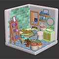 Colorful Bathroom Interior With Green Brick Wall Yellow Ladder Shelf Round Mirror And Blue Tiles